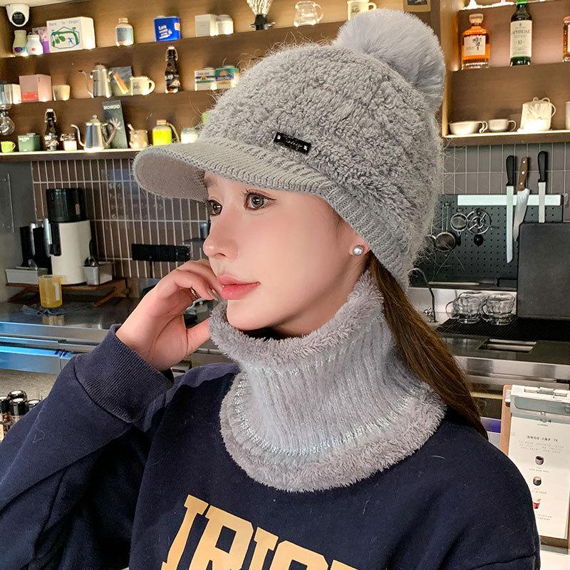 Fleece warm knitted hat women's autumn and winter plush line duck tongue baseball cap scarf cover show face cap