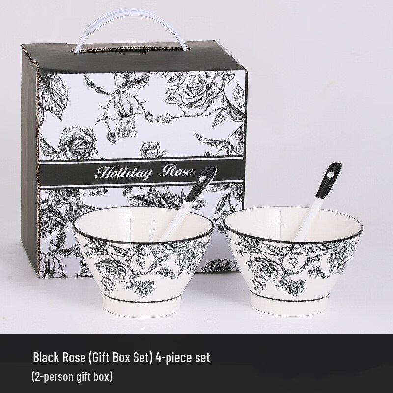 Lin Pan Black Rose Underglaze Ceramic Bowl and Spoon Set