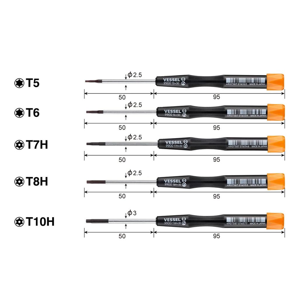 VESSEL Micro Șurubelnițe de Precizie Torx pentru și T10H 99005TX Set, Set de 5 Piese, T5, T6, T7H, T8H, Șuruburi,