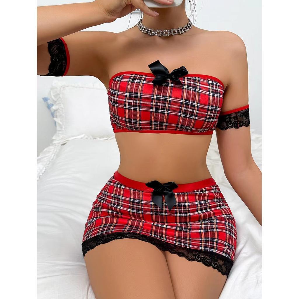 Sexy plaid maid outfit European and American college style tube top skirt suit uniform seduction lingerie