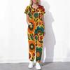 Women Plus Size Floral Printed Scrub Set Cutout Neck Short Sleeve Pocket Top Long Pants Two Piece
