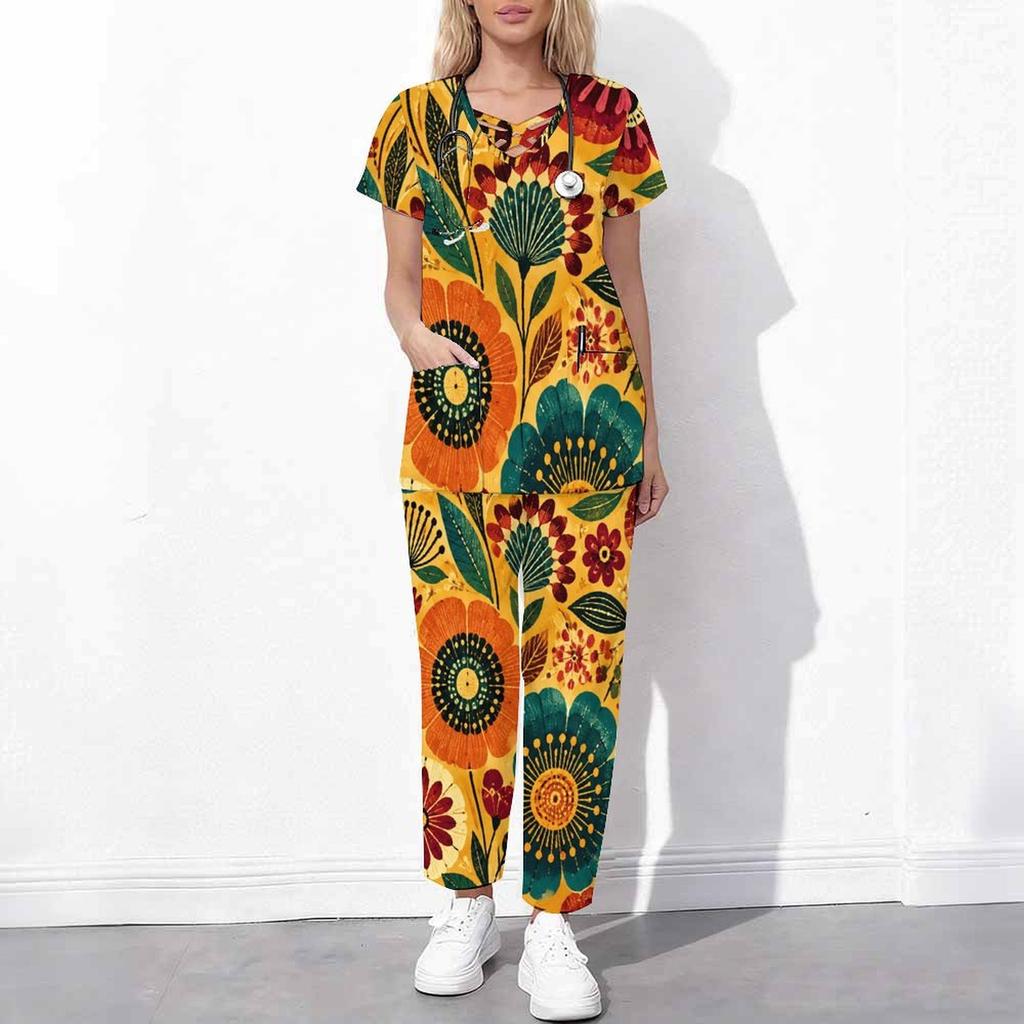 Women Plus Size Floral Printed Scrub Set Cutout Neck Short Sleeve Pocket Top Long Pants Two Piece