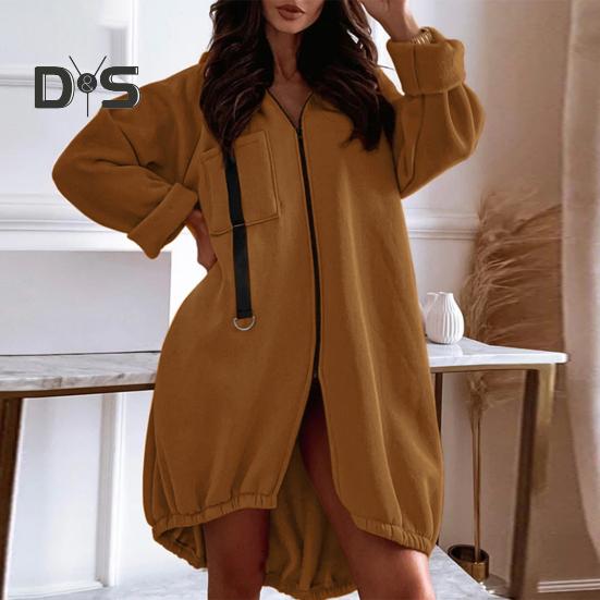 

Осень-зима Толстовка Толстая Плюшевая Средняя Длина С Капюшоном Застежка-Молния С Длинным Рукавом Сплошной Цвет Свободные Теплые Разделенные Карманы Ремень Декор Мягкое Леди Плюс Размер Пальто