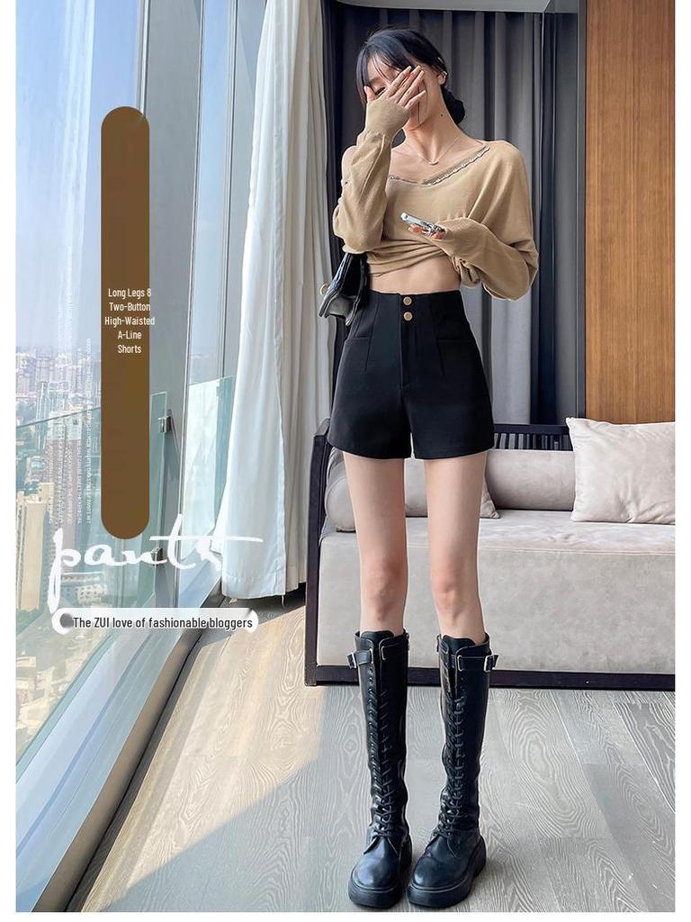 Damskie 2024 Czarne Szorty A-Line z Wysokim Stanem Wyszczuplające - Letnia Wszechstronna Moda Casual