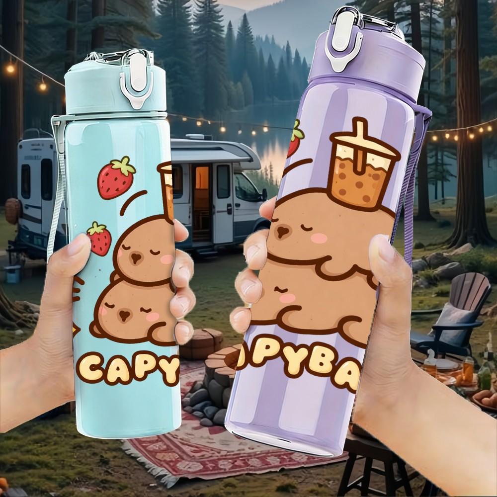 1PC Capybara Relax Fruit Cute Cartoon 750ml Color Plastic Sports Water Bottle Leakproof Flip Straw Lid Suitable for Sports Office Home Use