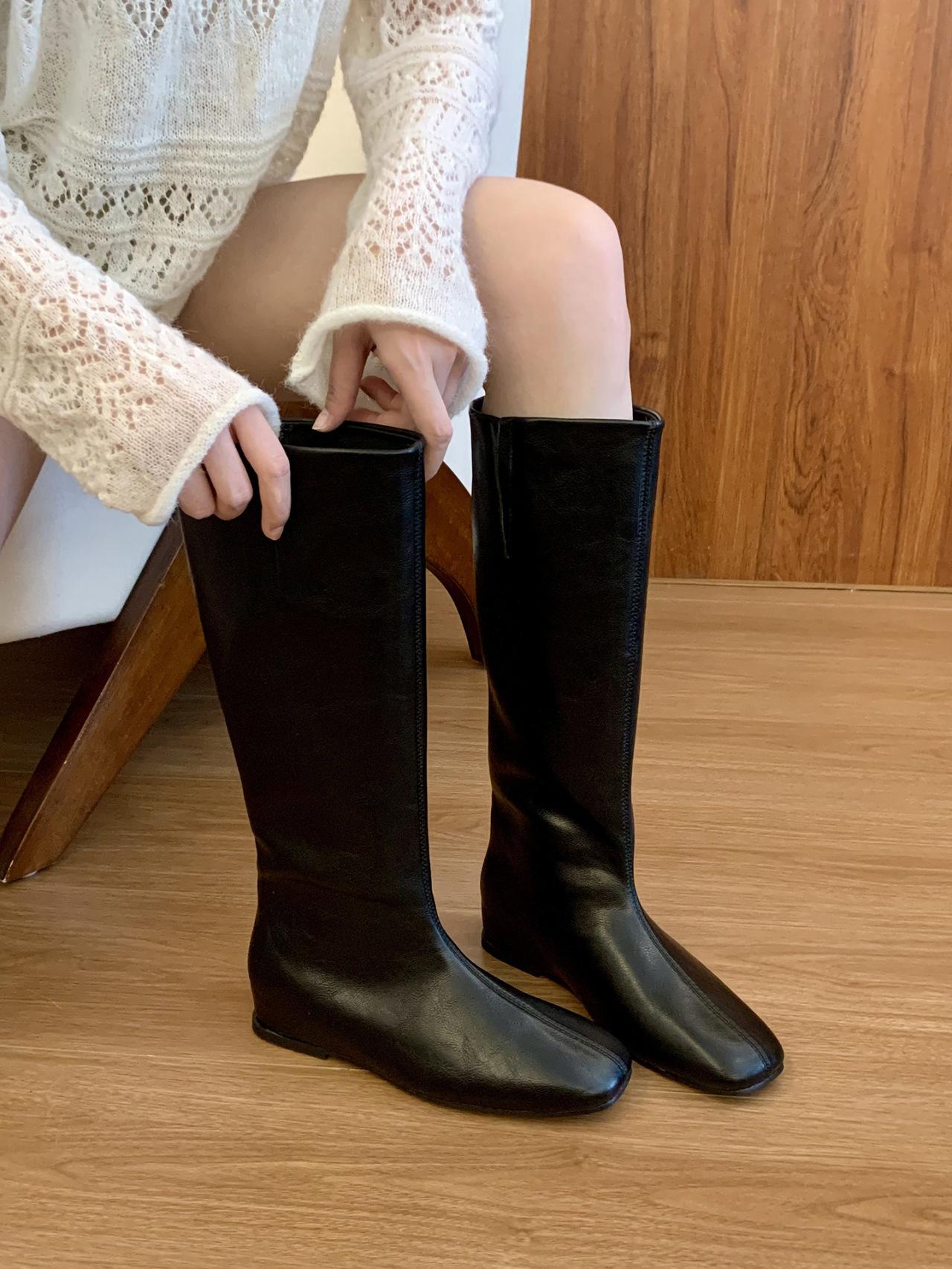 Cowhide version autumn and winter new inner height increase versatile square round head flat bottom inner height increase medium boots female 40 чёрный