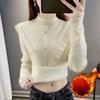 Women Ruffles Lace Patchwork Cashmere Sweater Autumn Winter Casual Knitted Jumpers Long Sleeve Slim Pullovers