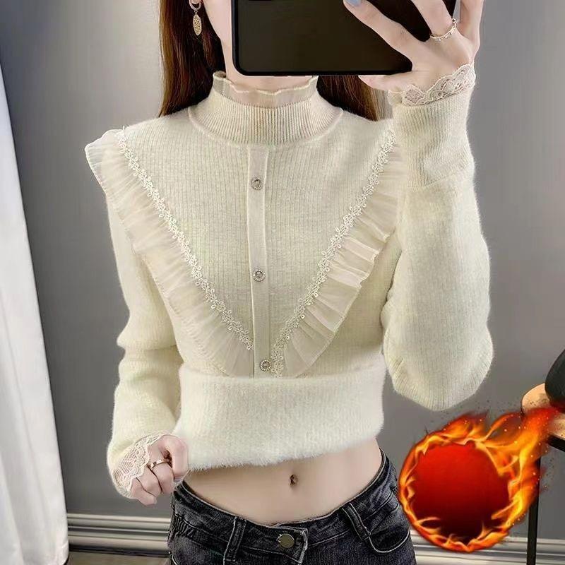 Women Ruffles Lace Patchwork Cashmere Sweater Autumn Winter Casual Knitted Jumpers Long Sleeve Slim Pullovers