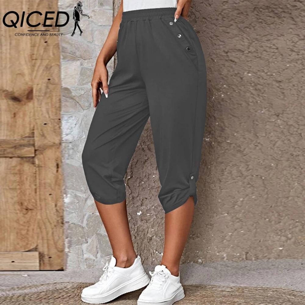 QICED Damen Cropped Hosen mit Taschen und elastischem Bund, Sommerknöpfe