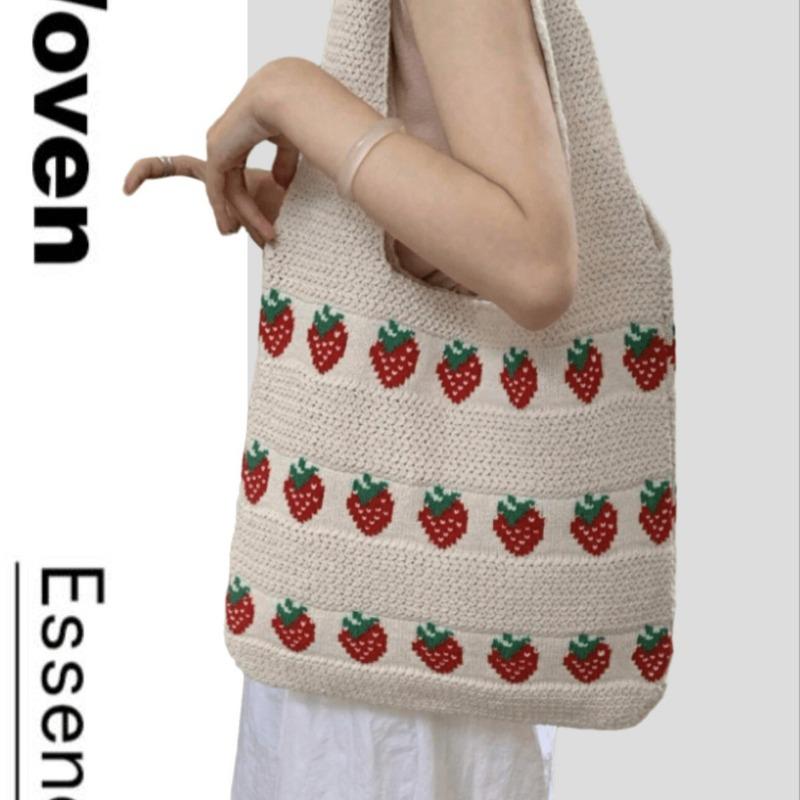 Popular tote bag strawberry pattern knitted crochet bag durable large capacity women's handbag