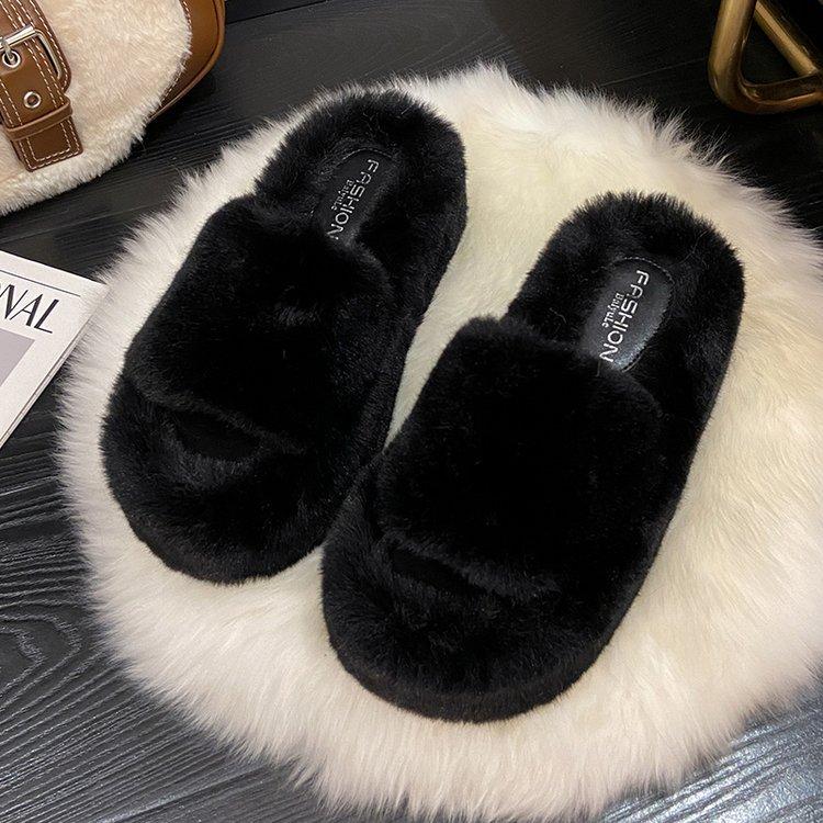 White comfortable Internet celebrity heightening non-slip thick bottom fluffy slippers women's autumn wear 2024 new indoor home cotton mop