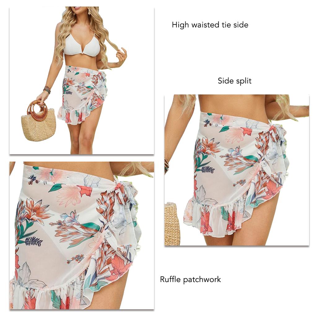 Women Beach Sarongs Sheer High Waist Side Tie UV Protection Ruffle Hem Beach Cover Ups Bathing Suit Wrap Floral Print