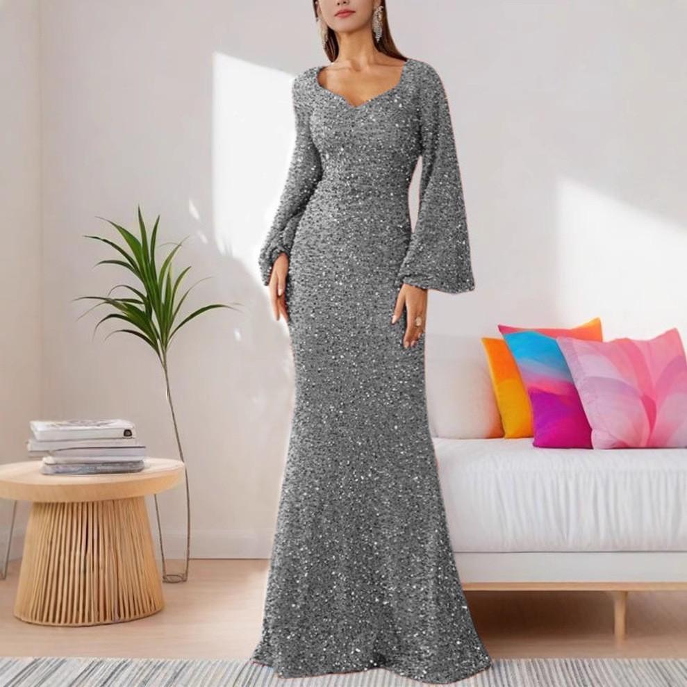 Women's V Neck Bell Sleeve Skinny Fit Mid Rise Mature Maxi Sequin Dress Formal Mermaid Maxi Dress