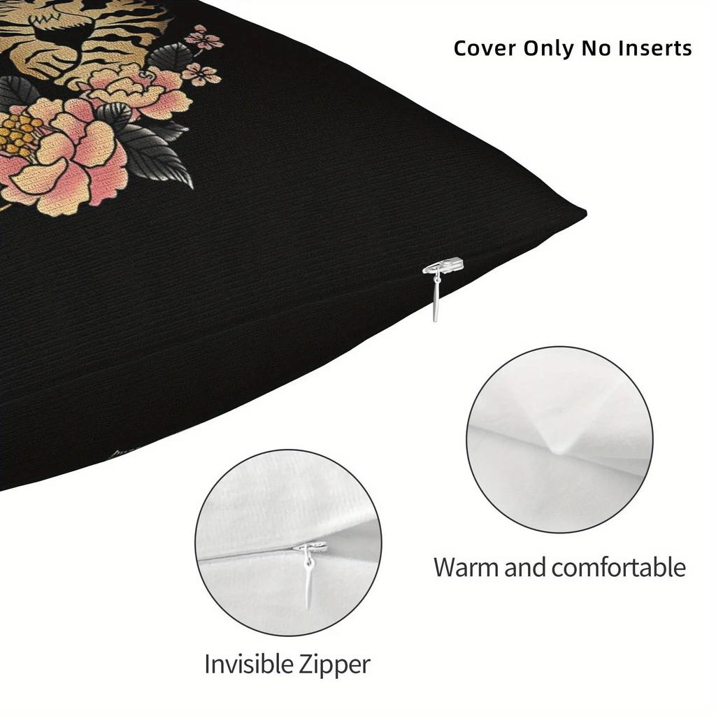 Double-Sided Japanese Style Tiger Pink Floral Pillowcase - Modern Decorative Cushion Cover With Zipper, Machine Washable