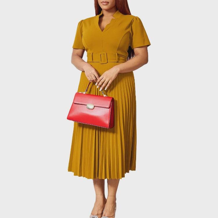 Women Summer Pleated High Waist V Neck Dress