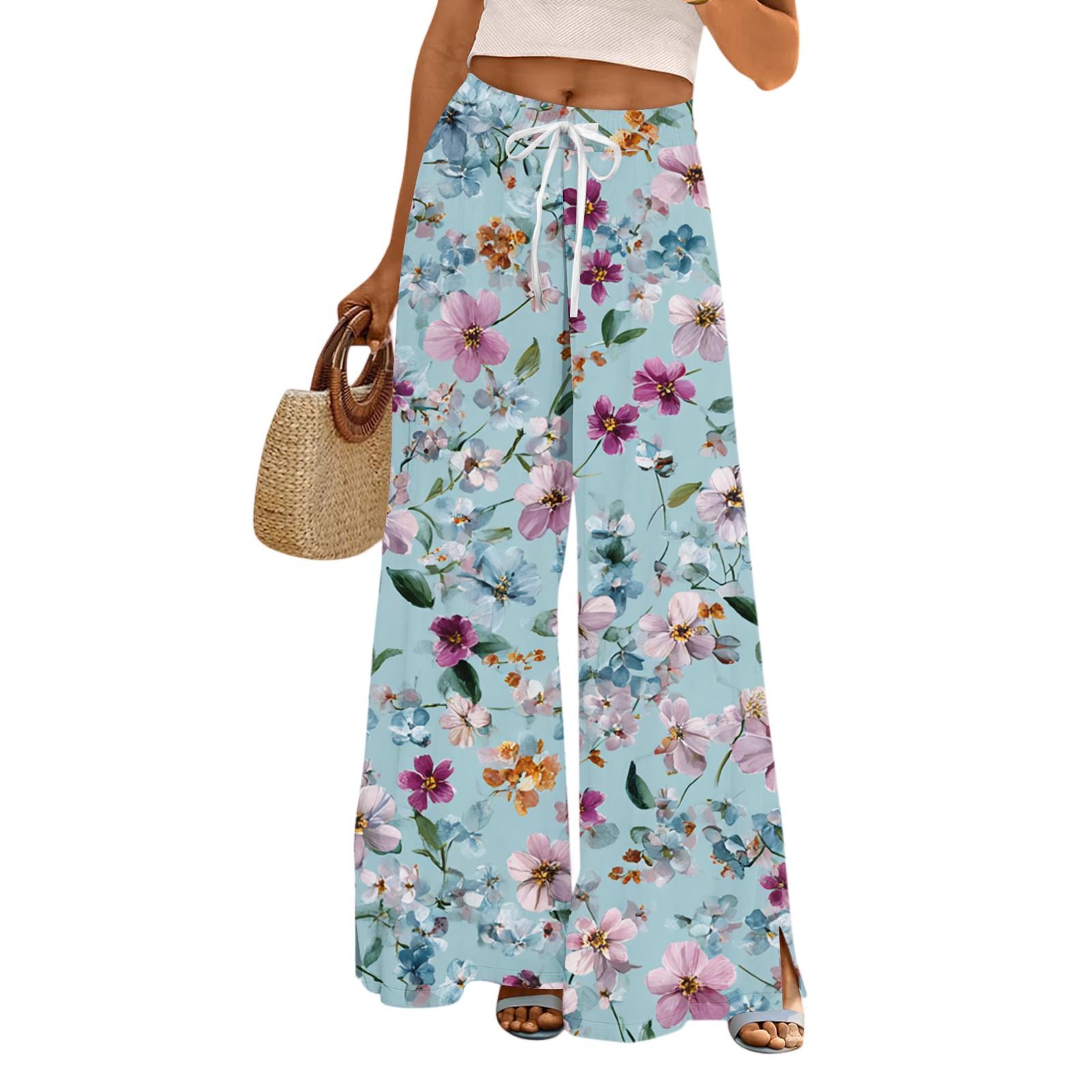 

Женские повседневные брюки с широкими штанинами, эластичным поясом, карманами, цветочным принтом и регулируемой завязкой XXL небесно-голубой