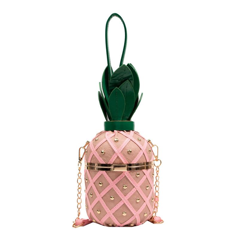 Nuova Borsa a Tracolla da Donna Personalizzata a Forma di Ananas Piccola Fresca per Ragazza Adolescente Singola Spalla Stile Straniero Intrecciata con Borchie e Catena Chiusura Borsa Rotonda
