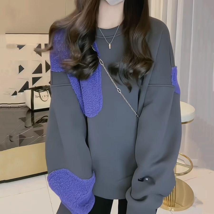 New Winter Fashion Trend Round Neck Panel Contrast Color Plush Thickened Loose Versatile Reduced Age Women's Long Sleeve Sweater