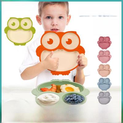Baby Silicone Suction Plate and Bowl Set - Owl Design, Two-Color Kids' Dining Plate