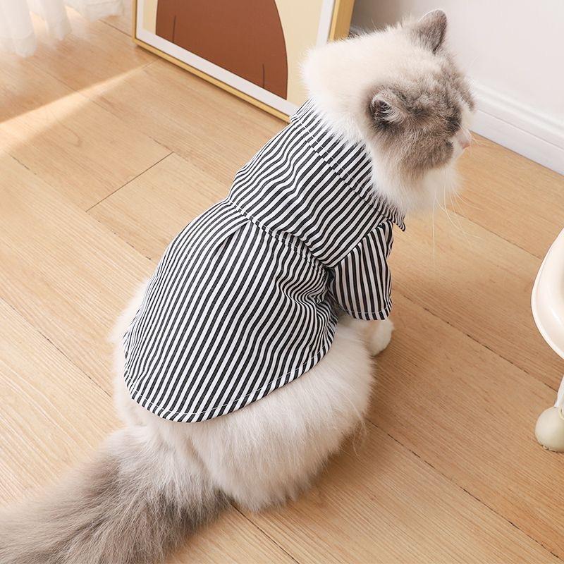 Cute Striped Cat Dog Shirt with Bow Tie Summer Short Sleeve Pet Clothing Walking Outfit for Poodle Bichon Small Dogs