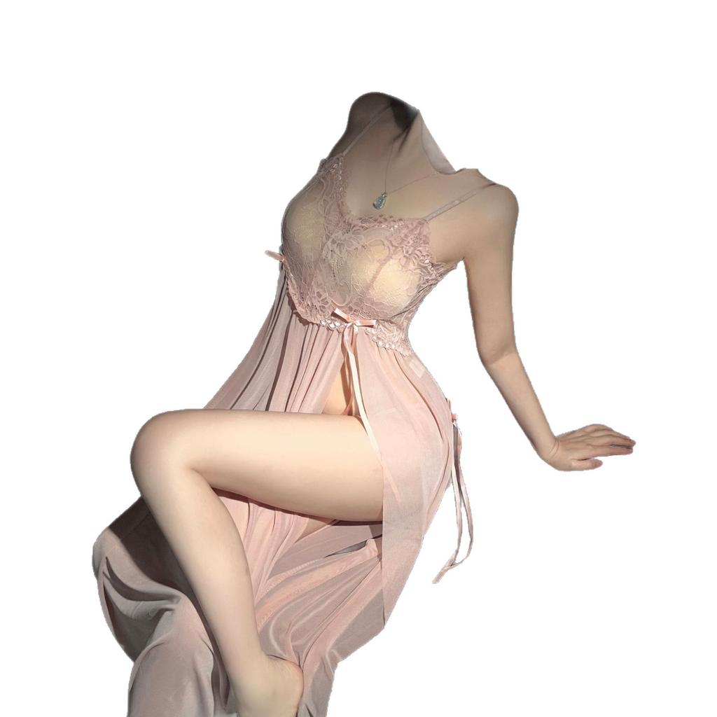 Sexy Lace Temptation Suspender Sexy Underwear Perspective Split Thin Mesh Nightdress Long Dress Uniform Set
