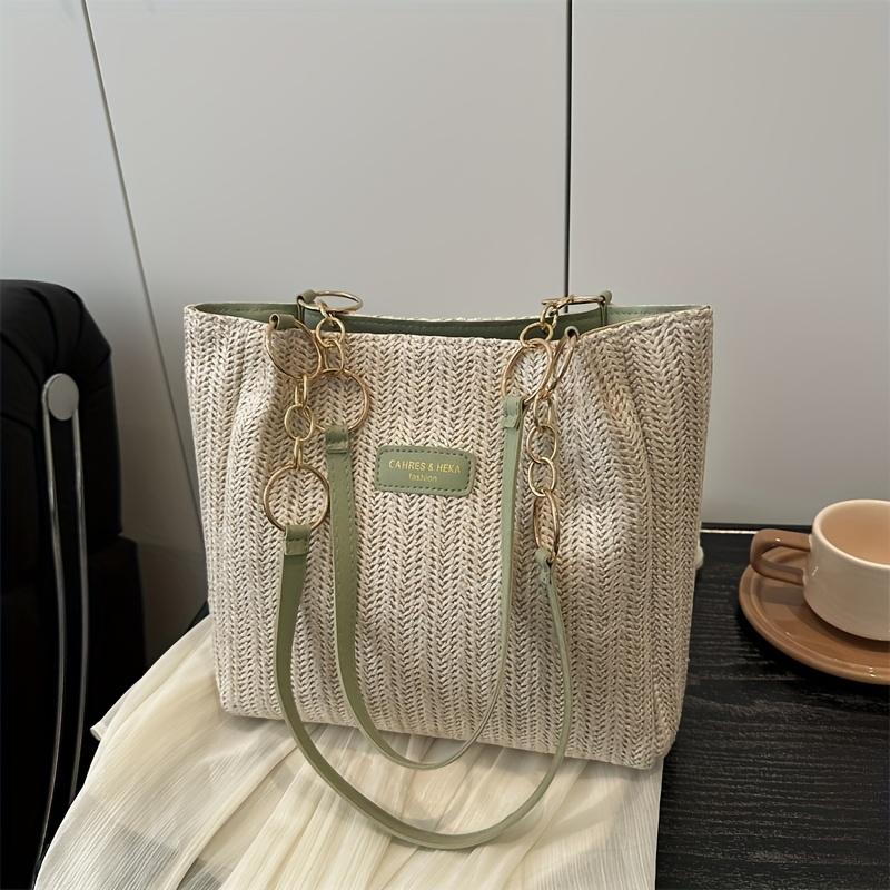 Ladies Tote Bag, Spacious Vacation Straw Woven Shoulder Bag, with Fixed Double Shoulder Straps And Chain Handle, for Shopping, Work, Travel