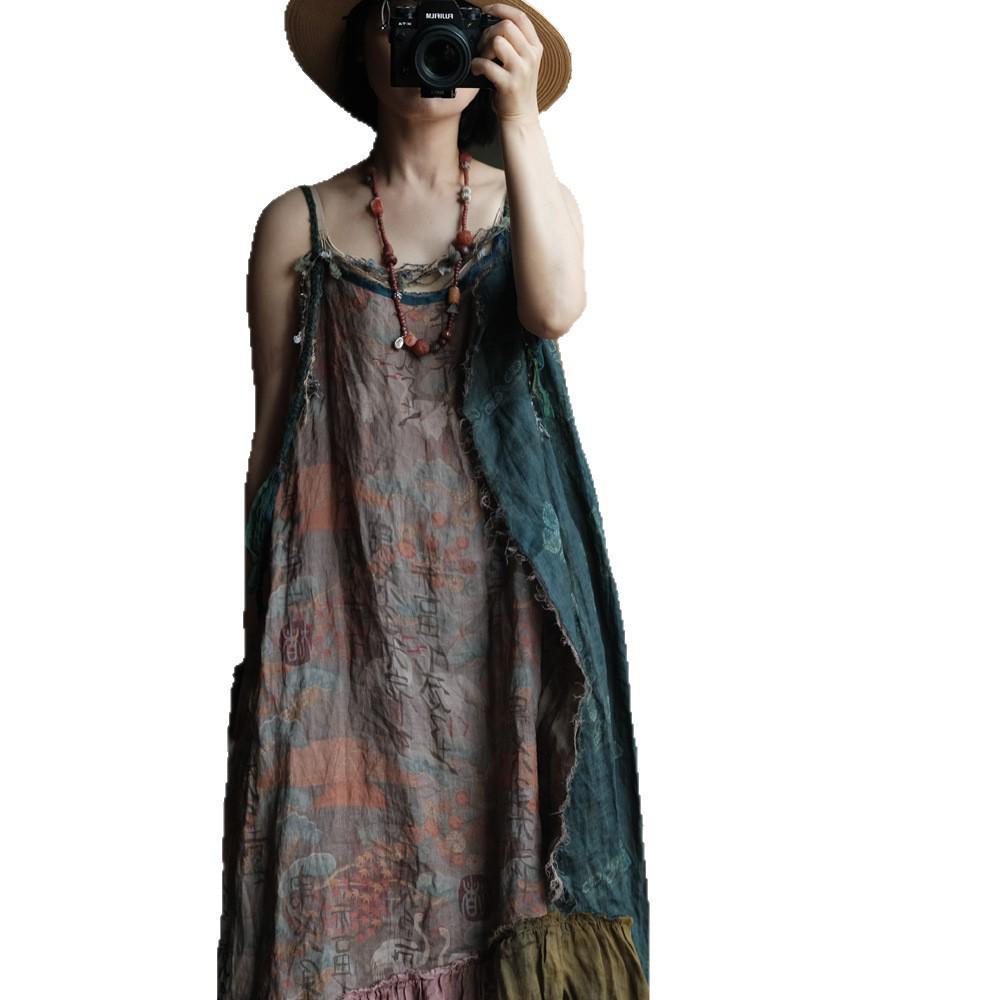 Artistic High-End Summer Ramie Camisole Dress with Fragrance Patch