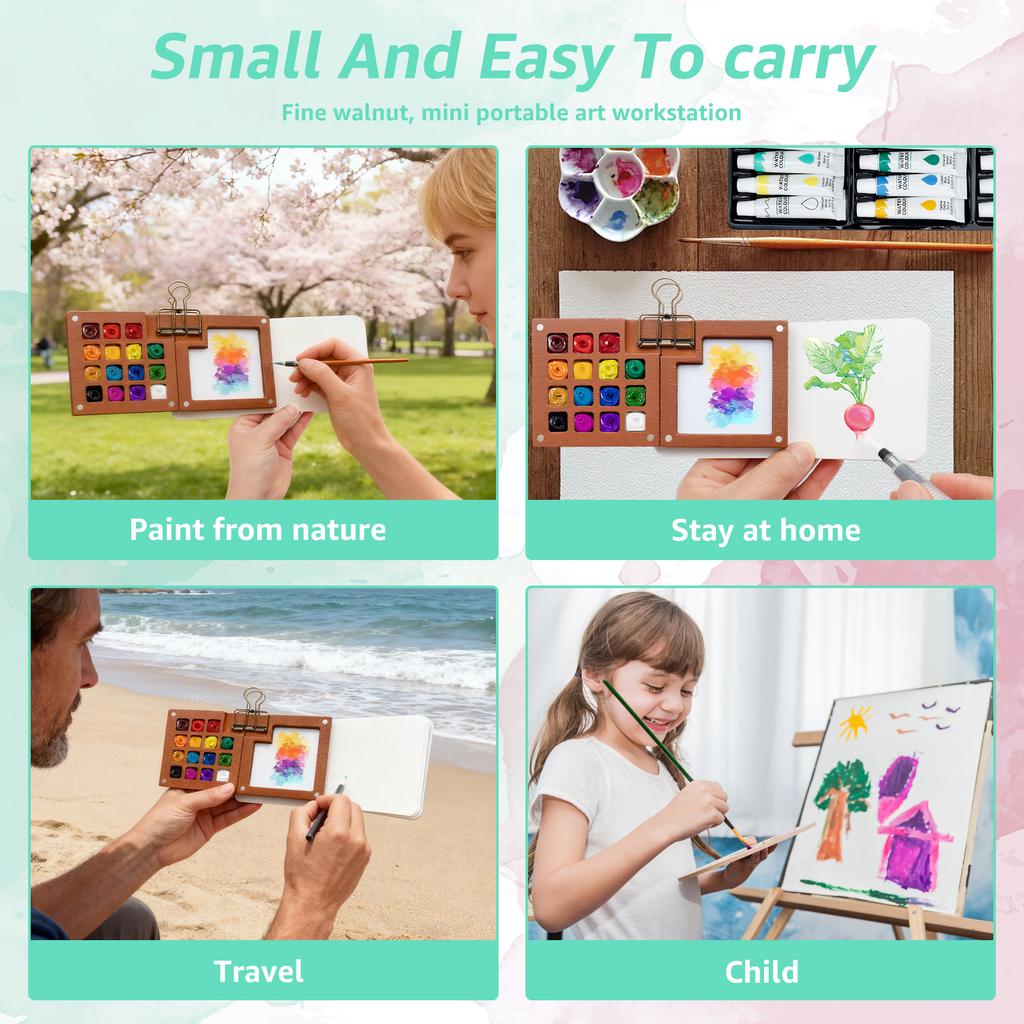 1Set Mini Watercolor Paint Set Portable Pocket Watercolor Kit with 15Grid Palette 24 Color Paint Sketchbook and Brush for Travel