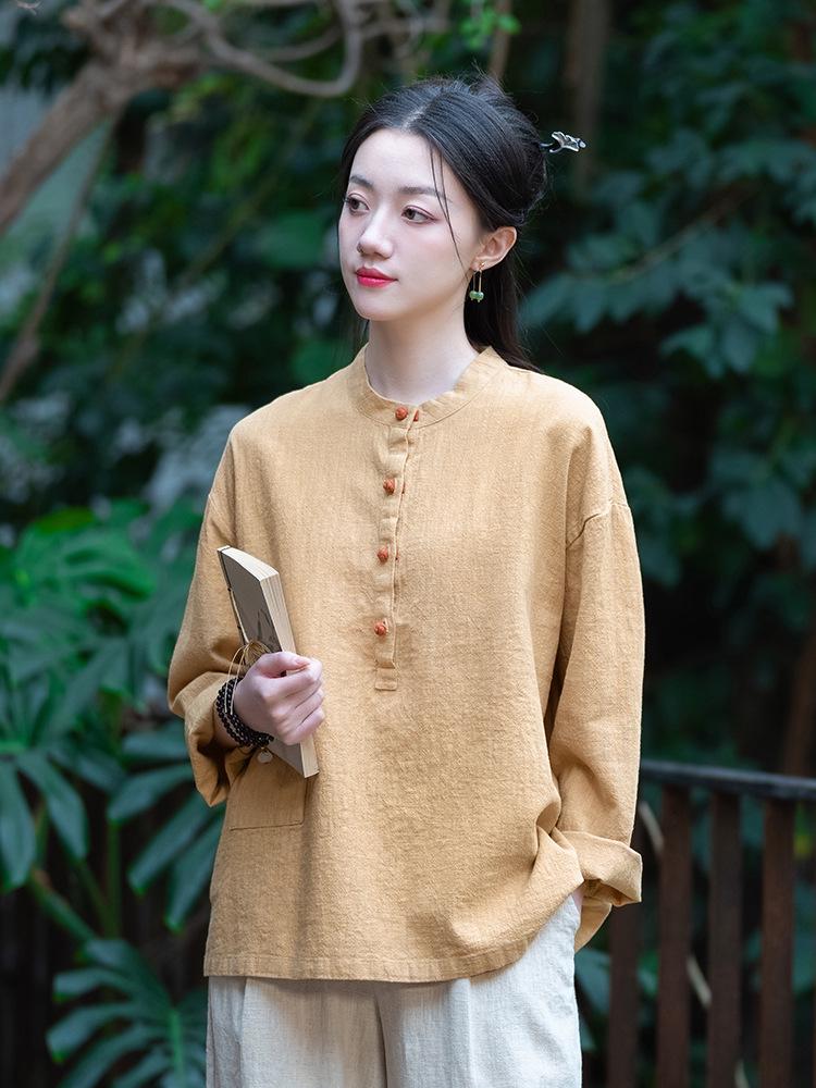 2025 Autumn Cotton Linen Women's Color Block Stand Collar Frog Button Pullover Plus Size Top