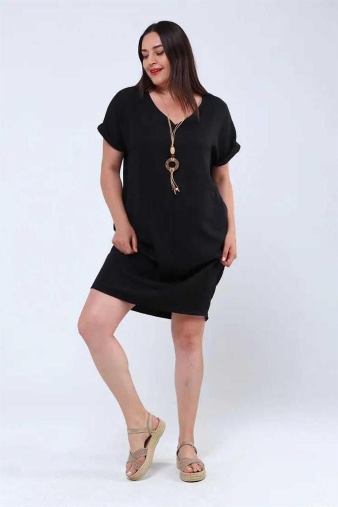 Damen Übergröße Kleid Halskette Plus Size Leinen Ayrobin Kleid Schwarz