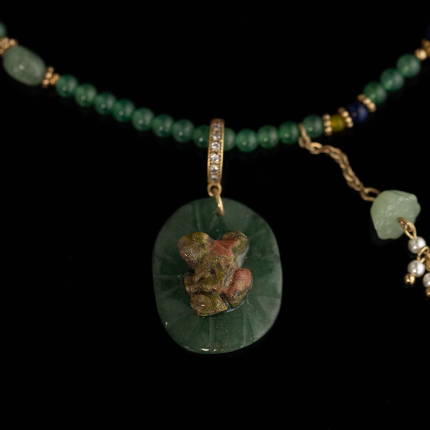 Средневековое Винтажное Высокая Мода Личность Темперамент Ретро Золото, Натуральный Нефритово-Зеленый Круглые Бусины Лягушка Подвеска Ожерелье