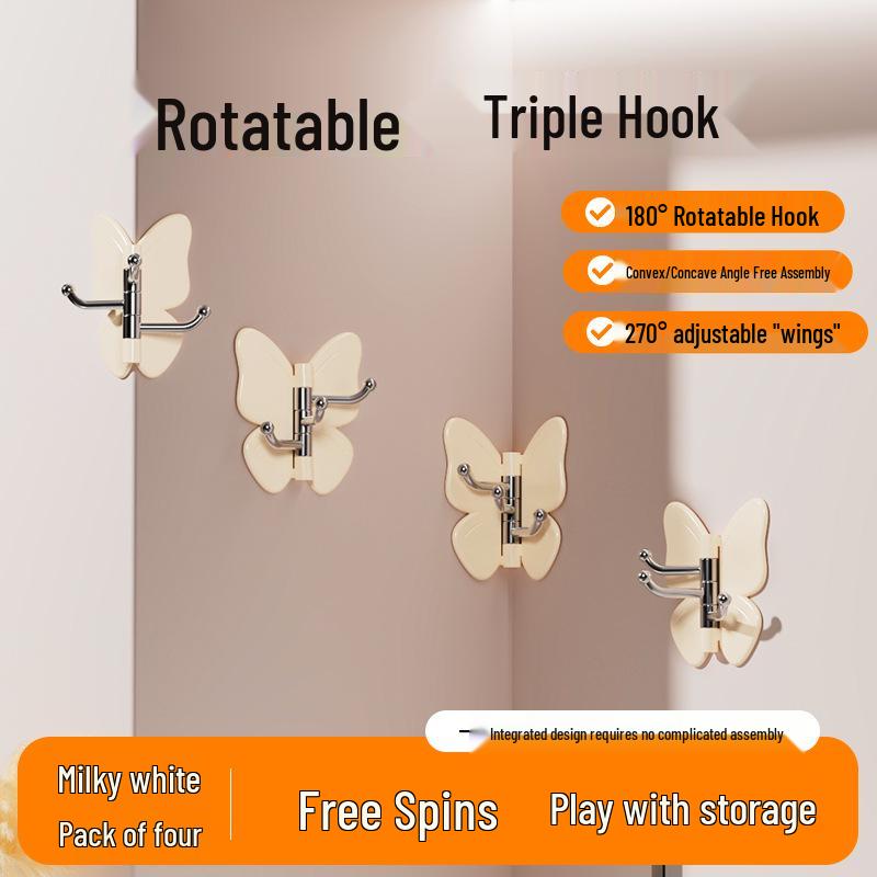 Rotatable Butterfly Wall-Mounted Corner Hook - 3-Arm, Punch-Free, Multi-Purpose Storage for Home and Kitchen.