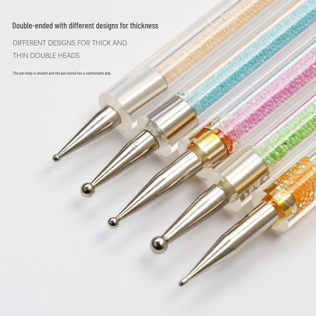Nail Art Set: 5-Piece Colored Bead Sticks & Double-Ended Rhinestone Pens for Flower Painting & Beading