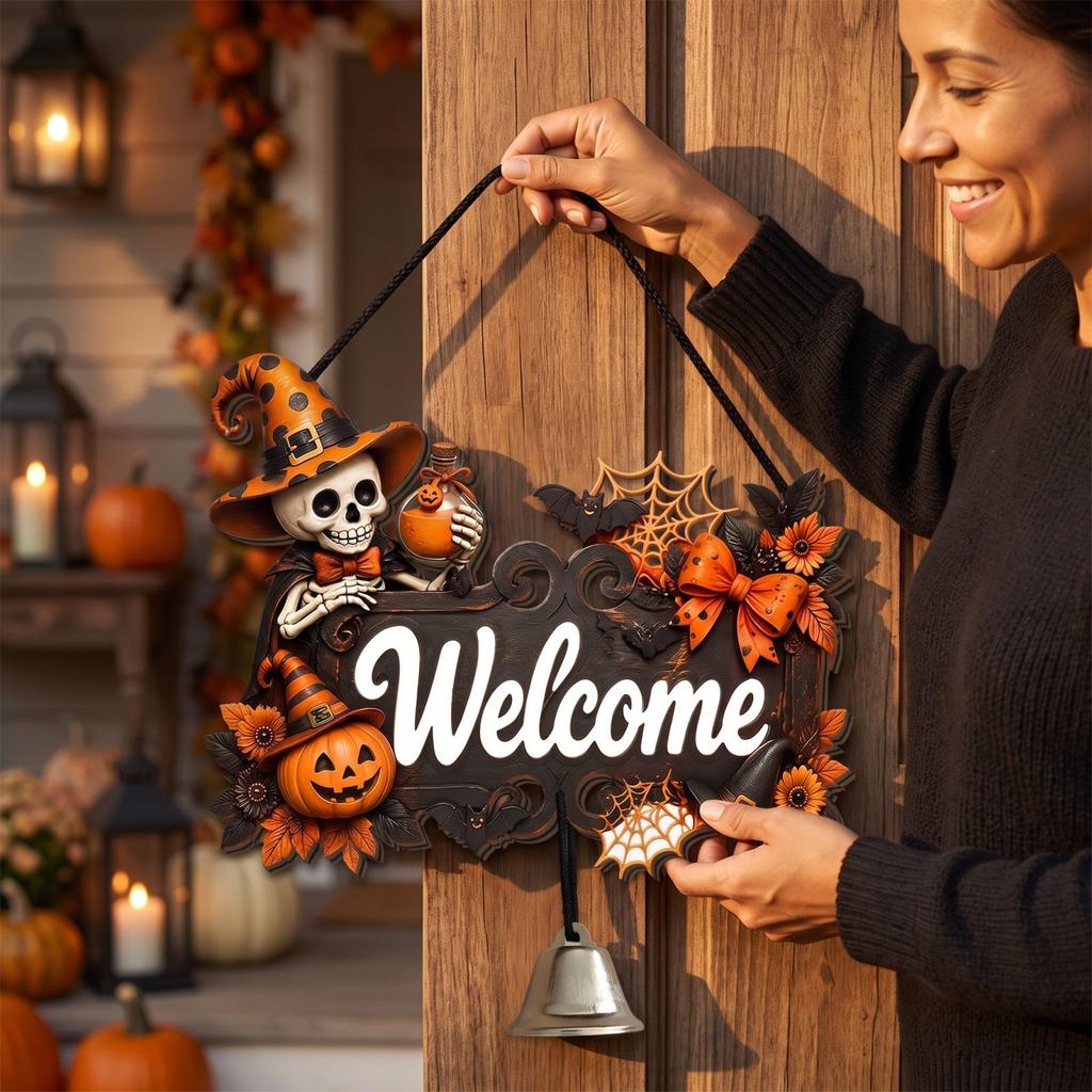 Halloween Wooden Door Hanger with and Bell | Festive Wall Decor for Party Celebrations