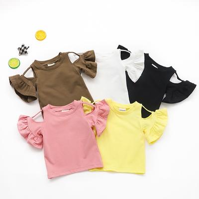 Baby Kids Girl Ruffle Sleeve Off Shoulder Solid Color Cotton Tops Blouse