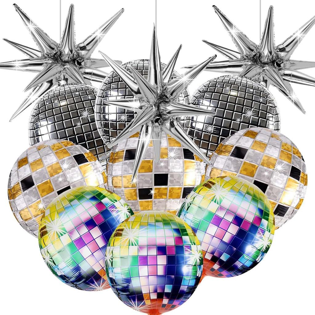 12PCS Disco Retro Balloon Set 80s and 90s Silver Colorful Lantern Ball Combination Birthday Party Decoration Supplies 4D Balloon