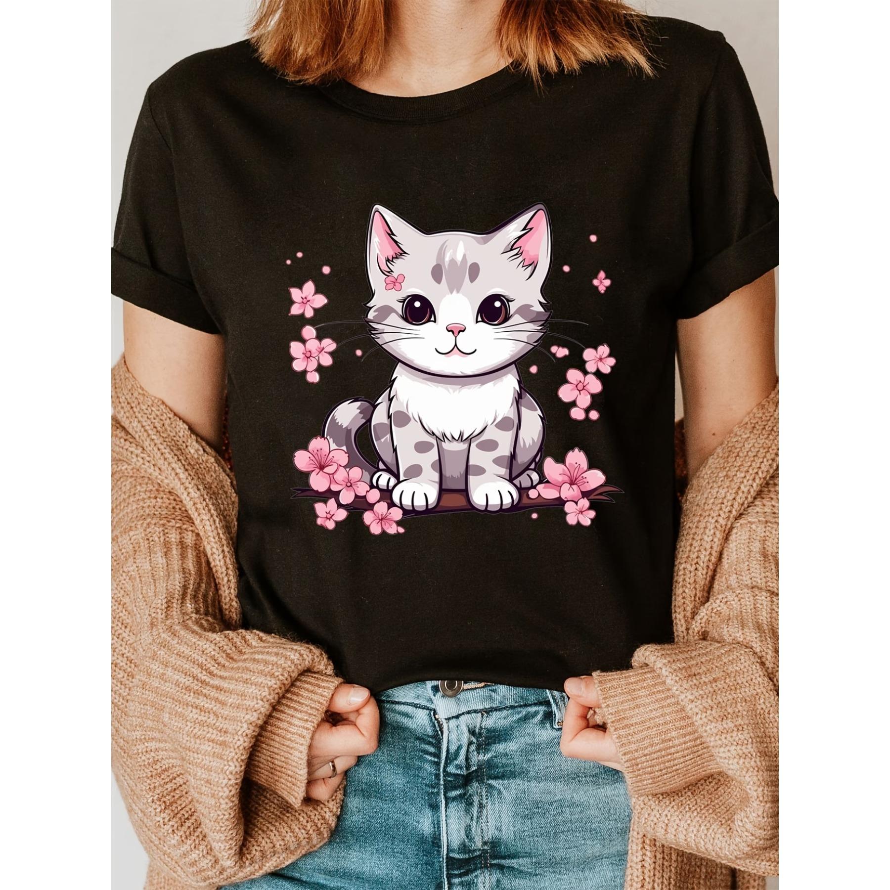 

Cute Cat Print Crew Neck T-Shirt, Casual Short Sleeve T-Shirt for Spring & Summer, Women s Clothing XXL чорний