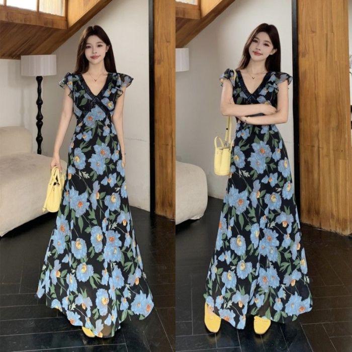 Plus Size Floral V-Neck Ruffle Sleeve Lace A-Line Dress - Summer Retro Style S