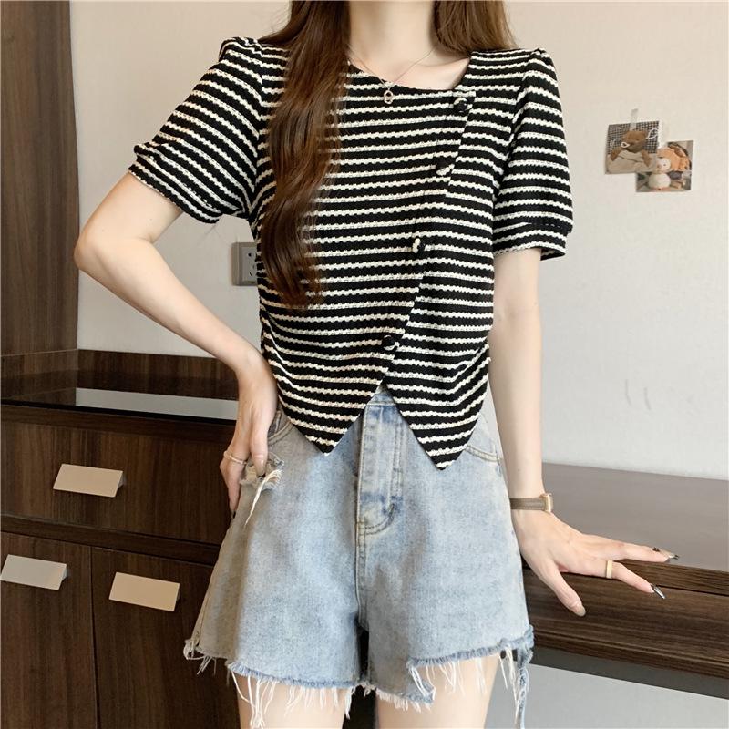 

2023 Summer Plus Size Women s Striped Square Neck Short Sleeve Cardigan Top 3XL чёрный