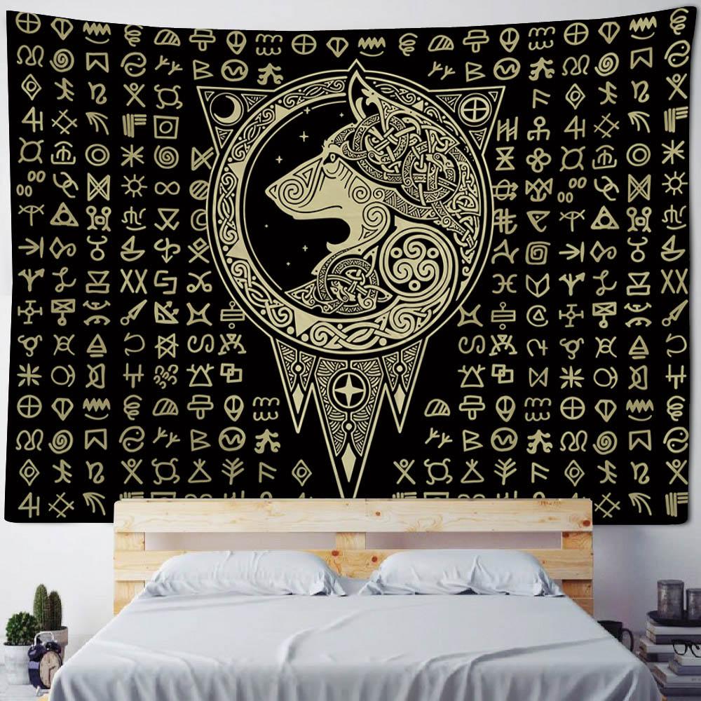 Wolf Retro Rune Art Tapestry Magical Animals Sun Moon Witchcraft Wall Hanging Hippie Home Living Room Dormitory Wall Decoration