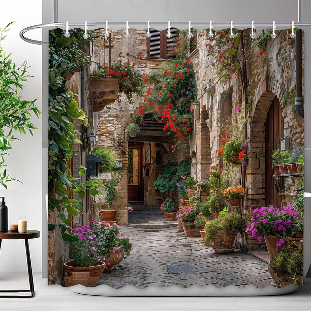 Mediterraner Wald Wasserfall Naturlandschaft Duschvorhang Polyesterstoff Waschbar Badvorhang Badezimmer Dekoration Mit Haken