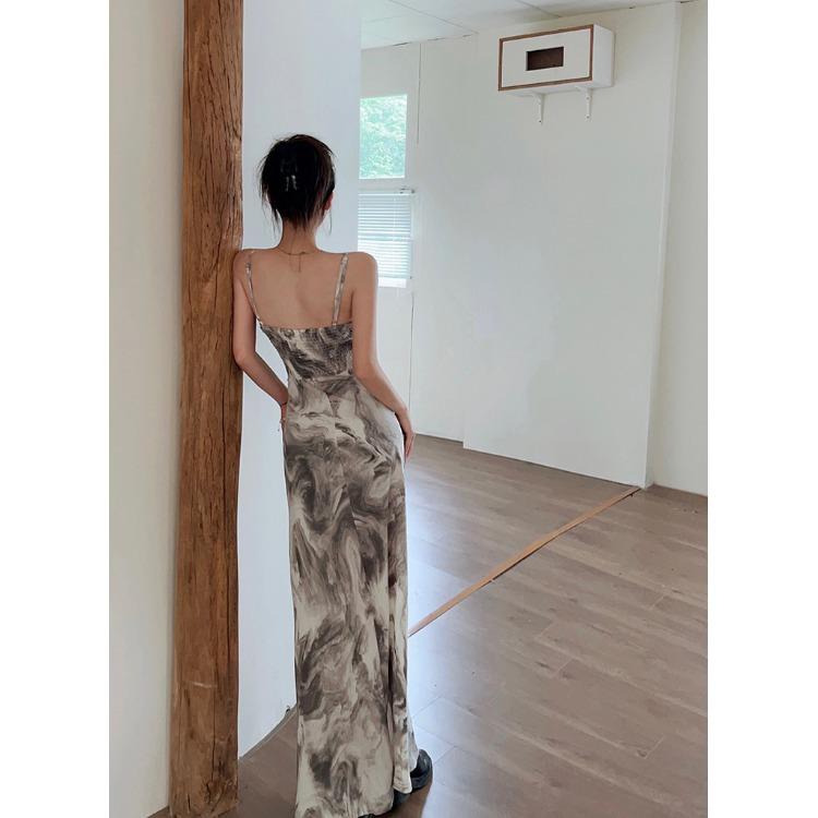 Retro Ink Painting Sleeveless Suspender Dress Female Summer Royal Sister Light and Familiar Wind Swing Collar Sexy Hip Fish Tail Dress