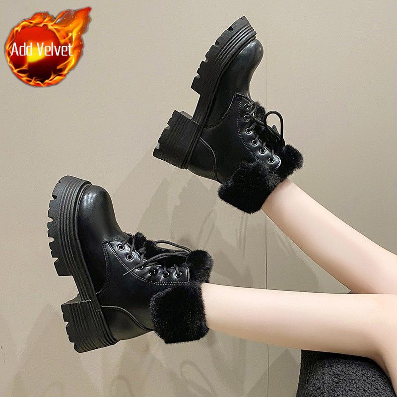 Fashion Leather Platform with Laces Booties Plush Round Toe Women's Snow Boots Waterproof Ladies Shoes Work Chic and Elegant Footwear