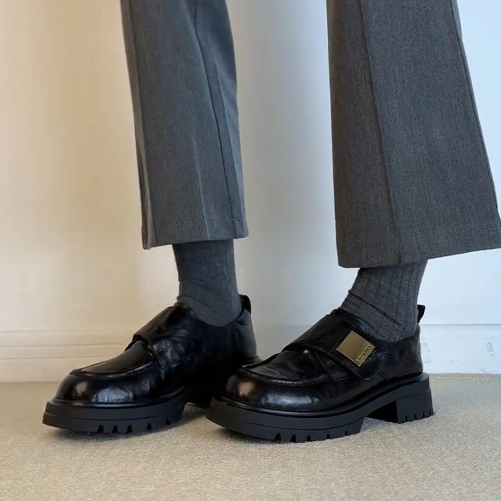 Sheepskin version~ Velcro metal buckle thick-soled small leather shoes retro one-pedal single shoes women