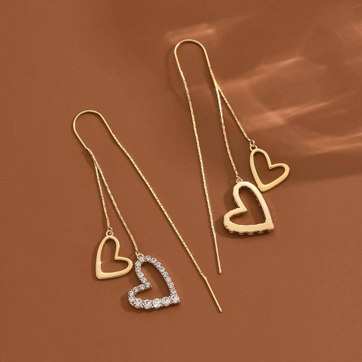 14K Real Gold Electroplating, Fairy Gas Fashion Diamond-Encrusted Double Love Earrings, Earrings, Fringed Anti-Lost Earrings, Sweet Beautiful Woman