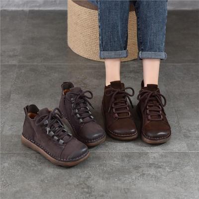 Genuine Leather Women's Shoes Soft Cowhide Round Toe Retro Soft Soled Flat Short Boots