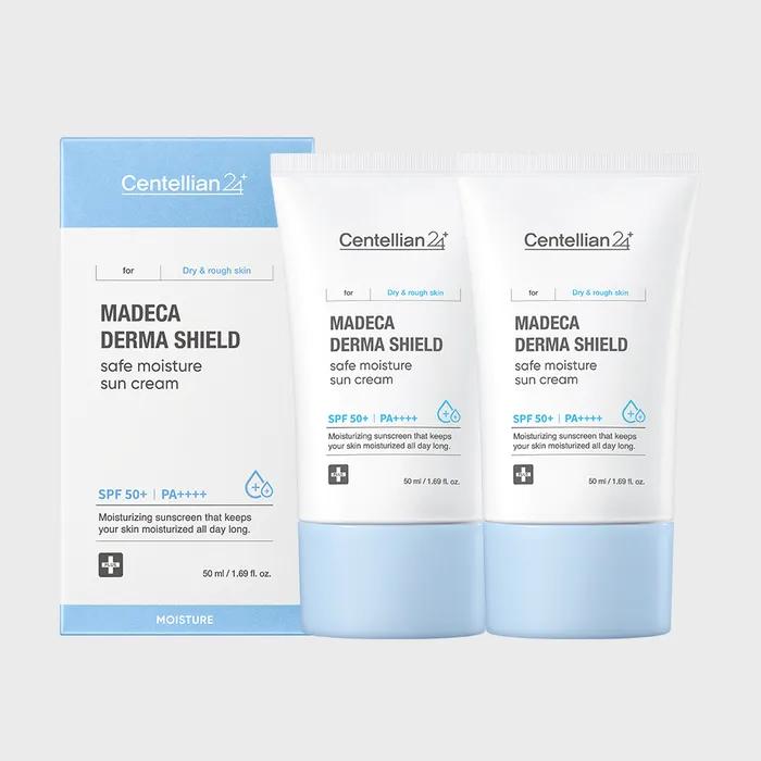 CENTELLIAN24 קרם הגנה מהשמש Madeca Derma Shield Safe Moisture 50 מ"ל (SPF50 +) 2 יחידות הגנה 24 שעות מפני קרינת UV לחות מזינה טבעונית אסנס
