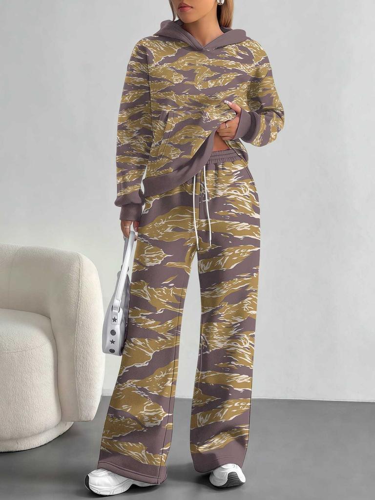 Outdoor Camouflage Style European and American Autumn/winter Casual Long-sleeve Set, Women's Hooded Sweatshirt and Long Pants Two-piece Set