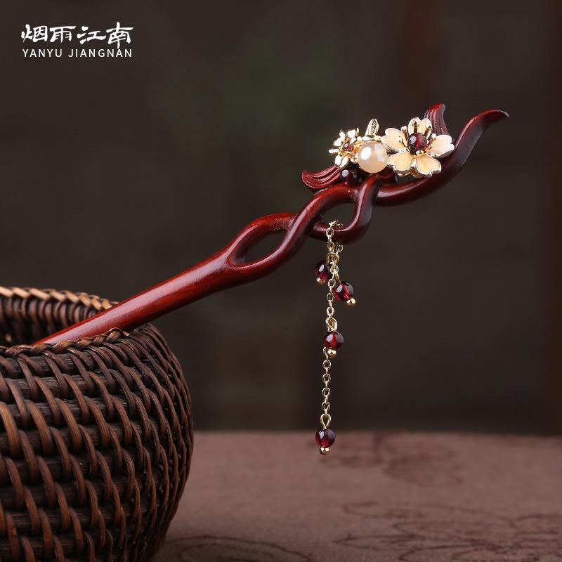 GEMCHIC Women's Vintage Chinese Style Red Sandalwood Hairpin with Cloisonné Flower and Tassel, Elegant Hanfu & Cheongsam Bun Accessory