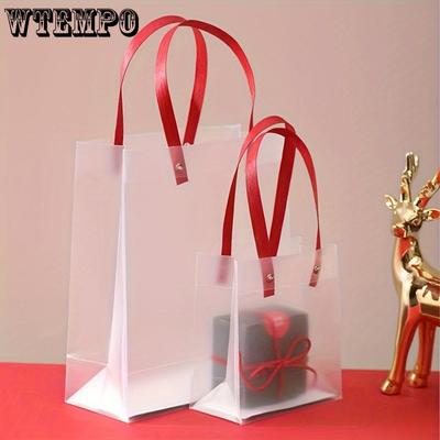 10pcs Frosted PVC Tote Bag Wedding Party Red Handle Gift and Souvenir Bag Portable Gift Bag Birthday Party Gift Bag Holiday Gift Bag Party Gift Bag
